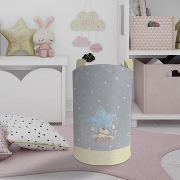 Mekta Home Yıldız ve Ayıcık Desenli Sarı Çizgili Bebek ve Çocuk Odası Oyuncak Sepeti