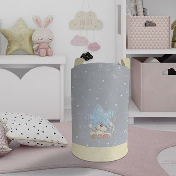 Mekta Home Yıldız ve Ayıcık Desenli Sarı Çizgili Bebek ve Çocuk Odası Oyuncak Sepeti