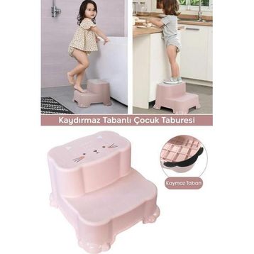 Meleni Baby Kaydırmaz Çocuk Taburesi Çift Basamaklı Banyo Lavabo Pembe Merdiven Yükseltici Bebek Basamağı