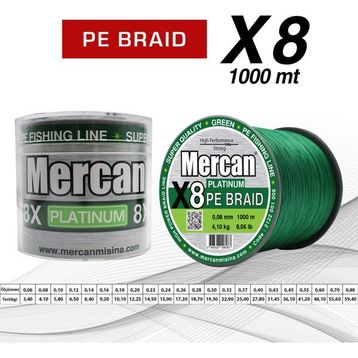 Mercan Pe Örgü Platinum X8 İp 0.08 mm - 1000 mt Yeşil Misina