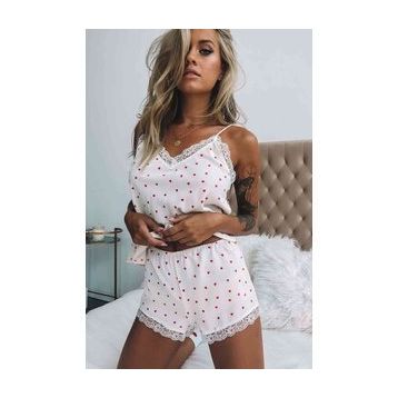 Merry See Dantel İşlemeli Kalpli Şortlu Beyaz Kadın Pijama Takımı