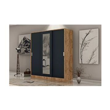 Metalia Antrasit Gri GM 644 Sline 3 Kapılı Sürgülü Askılıklı Raflı Atlantik Çam Gardırop