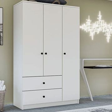 Metalia GM 854 Home 3 Kapılı 2 Çekmeceli Düğme Kulplu Beyaz Gardırop