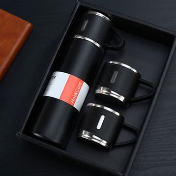 Microcase AL3678 Siyah 3 Bardaklı Paslanmaz Çelik 500 ml Sıcak Soğuk Tutan Çay Kahve Su Termosu
