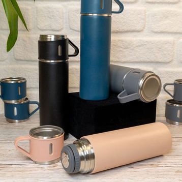 Microcase AL3678 Siyah 3 Bardaklı Paslanmaz Çelik 500 ml Sıcak Soğuk Tutan Çay Kahve Su Termosu