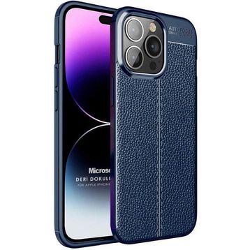 Microsonic Apple iPhone 14 Pro Max Deri Dokulu Silikon Lacivert Cep Telefonu Kılıfı