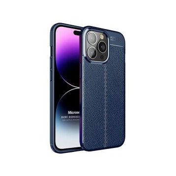 Microsonic Apple iPhone 14 Pro Max Deri Dokulu Silikon Lacivert Cep Telefonu Kılıfı