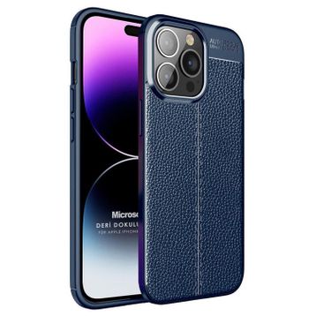 Microsonic Apple iPhone 14 Pro Max Deri Dokulu Silikon Lacivert Cep Telefonu Kılıfı