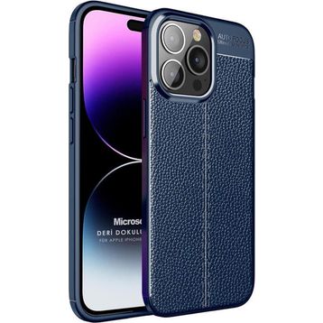 Microsonic Apple iPhone 14 Pro Max Deri Dokulu Silikon Lacivert Cep Telefonu Kılıfı