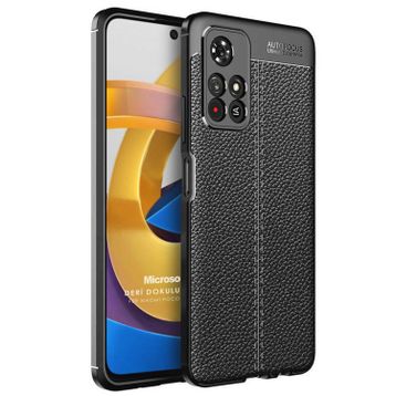Microsonic Xiaomi Poco M4 Pro Deri Dokulu Silikon Siyah Kılıf