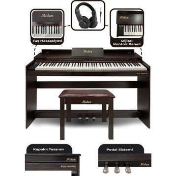 Midex Plx-140 Pro-Sr Bluetoothlu Tuş Hassasiyetli 88 Tuşlu Kapaklı Kahverengi Dijital Piyano