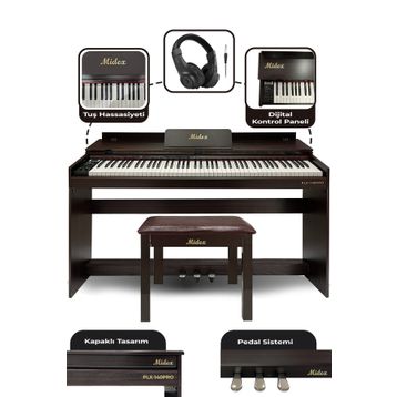 Midex Plx-140 Pro-Sr Bluetoothlu Tuş Hassasiyetli 88 Tuşlu Kapaklı Kahverengi Dijital Piyano