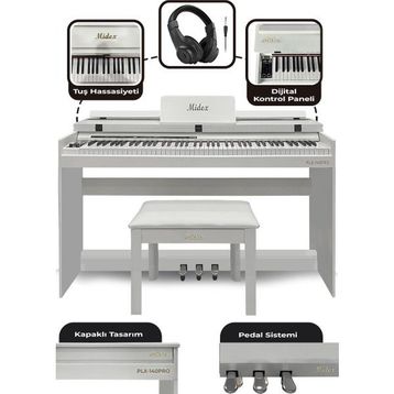 Midex Plx-140 Pro-Wh Bluetoothlu Tuş Hassasiyetli 88 Tuşlu Kapaklı Beyaz Dijital Piyano