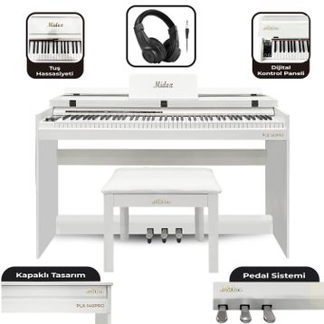 Midex Plx-140 Pro-Wh Bluetoothlu Tuş Hassasiyetli 88 Tuşlu Kapaklı Beyaz Dijital Piyano