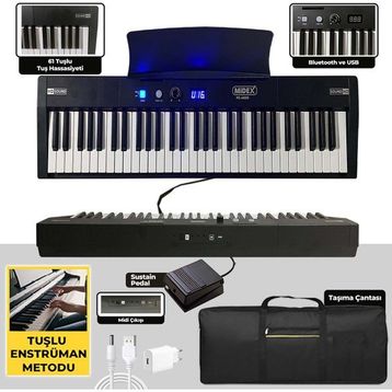Midex PS4000BK Tuş Hassasiyetli 61 Tuşlu Org Bluetooth USB Midi Metod
