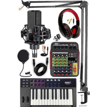 Midex Stüdyo Ekipmanları Midi Live Paket-2 Ses Kartlı Mikser Midi Klavye Mx-2020 Mikrofon Kulaklık