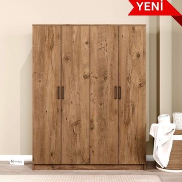 Midoser Kardelen Serisi 140 cm Atlantik Çam 4 Kapılı 5 Raflı Gardırop