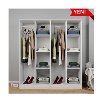 Midoser Kardelen Serisi Mat Beyaz 4 Kapılı 8 Raflı Elbise Dolabı