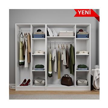 Midoser Kardelen Serisi Mat Beyaz 5 Kapılı 9 Raflı Elbise Dolabı