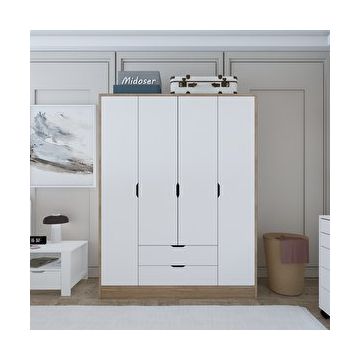 Midoser Nisan Açık Ceviz-Beyaz 140 cm 4 Kapılı 2 Çekmeceli Elbise Dolabı Gardrop