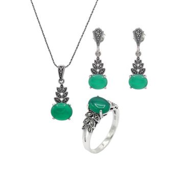 Midyat Nurtaş 201021934 Zümrüt ve Markazit Taşlı 925 Ayar Gümüş Üçlü Set