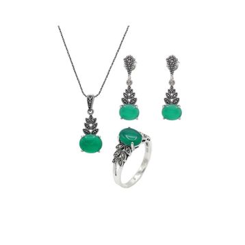 Midyat Nurtaş 201021934 Zümrüt ve Markazit Taşlı 925 Ayar Gümüş Üçlü Set