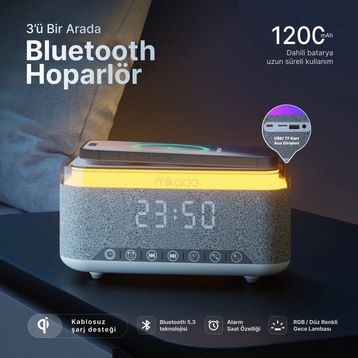 Mikado MD-W8 1200 mAh 10 W Gri RGB Gece Lambası Özellikli Alarmlı Saat Beyaz Bluetooth Speaker
