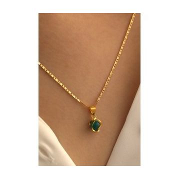 Milet Kuyumculuk 14 Ayar Altın Yeşil Akik Valentino Zincir Kolye