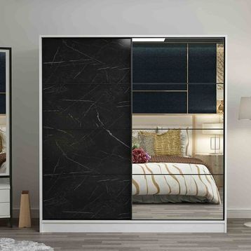 Minar Kale Beyaz Royal Mermer 180 cm 2 Kapaklı Aynalı Sürgülü Dolap