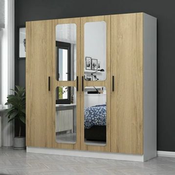 Minar Mobilya Kale 4 Kapaklı Aynalı 2 Çekmeceli Pera Ceviz 190 cm Dolap