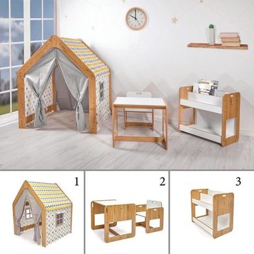 Minera Kumru Model Ahşap Çocuk Çalışma Oyun Masa Sandalye Kitaplık ve Oyun Evi Seti