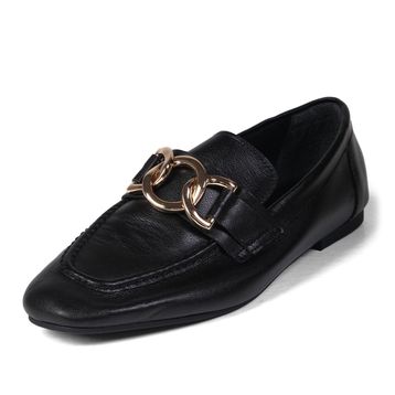Mio Gusto Dakota Hakiki Deri Siyah Renk Zincir Aksesuarlı Küt Burunlu Kadın Loafer Ayakkabı
