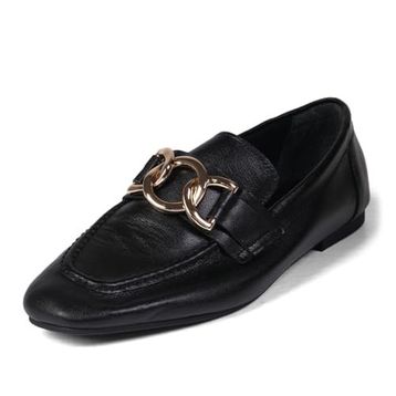 Mio Gusto Dakota Hakiki Deri Siyah Renk Zincir Aksesuarlı Küt Burunlu Kadın Loafer Ayakkabı