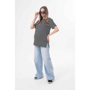 Miss Dünya Lissa Bisiklet Yaka Kısa Kol Çizgili Hamile ve Lohusa T-shirt