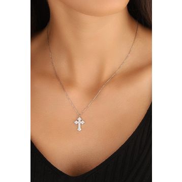 Mistik Silver Beyaz Taşlı Gümüş Haç Kolye