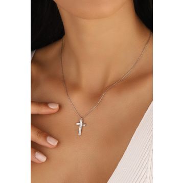 Mistik Silver Beyaz Taşlı Gümüş Haç Kolye