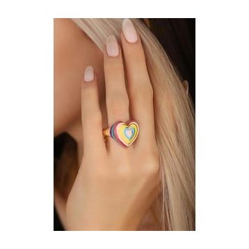 Mistik Silver Gökkuşağı Renkli Mineli Taşsız Kalpli Gümüş Yüzük