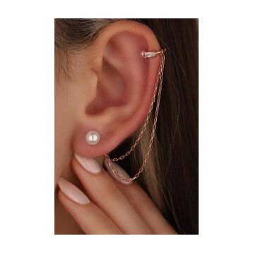 Mistik Silver Kıkırdaktan Geçmeli İncili Gümüş Zincir Küpe