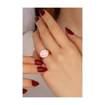 Mistik Silver Pembe Mineli Gülen Emojili Gümüş Yüzük