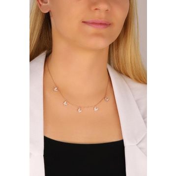 Mistik Silver Sallantılı Beyaz Taşlı 5 Kelebek Gümüş Kolye