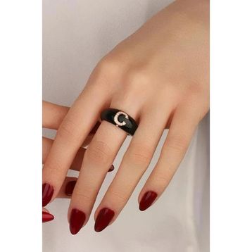Mistik Silver Siyah Mineli Gümüş Harf Yüzük
