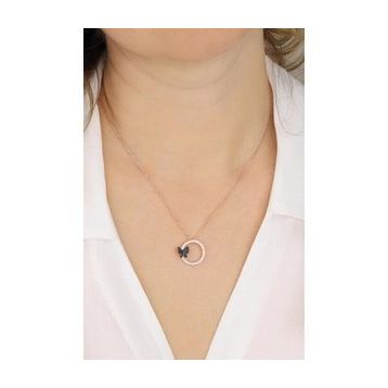 Mistik Silver Siyah Taşlı Kelebekli Halka Gümüş Kolye