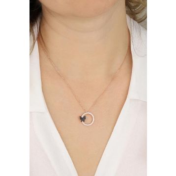 Mistik Silver Siyah Taşlı Kelebekli Halka Gümüş Kolye
