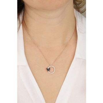 Mistik Silver Siyah Taşlı Kelebekli Halka Gümüş Kolye