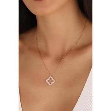 Mistik Silver Taşlı İçi Boş Yonca Gümüş Kolye