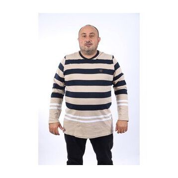 Moc Grande 22145 Bej Uzun Kollu Çizgili Büyük Beden Erkek T-Shirt