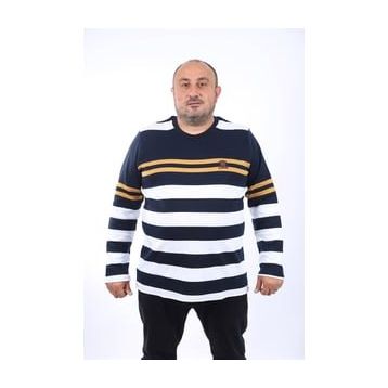 Moc Grande 22145 Bej Uzun Kollu Çizgili Büyük Beden Erkek T-Shirt
