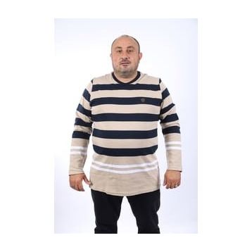Moc Grande 22145 Bej Uzun Kollu Çizgili Büyük Beden Erkek T-Shirt