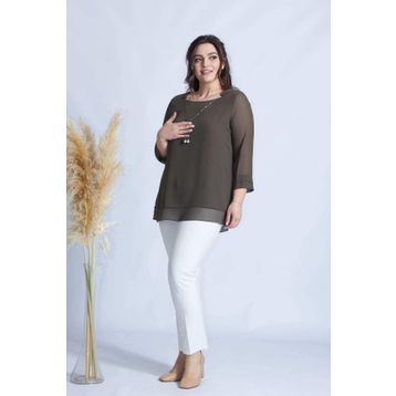 Moda Berray 1934 Haki Kolyeli Şifon Büyük Beden Şık Kadın Bluz