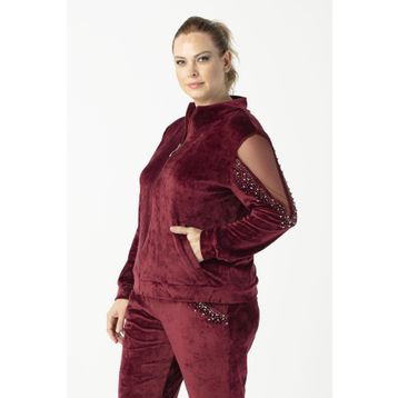 Moda Berray 1950 Bordo Kolları Taşlı Tam Kalıp Tarz Kadife Büyük Beden Kadın Eşofman Takımı